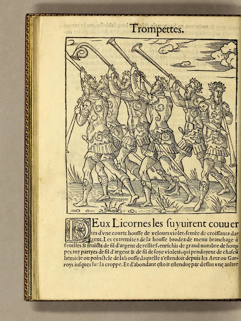 An illustration from Cest la deduction du sumptueux ordre, plaisantz spectacles et magnifiques theatres dresses, et exhibes par les citoiens de Rouen ville metropolitaine du pays de Normandie, : a la sacree maiesté du treschristian [sic] Roy de France, Henry Secō[n]d leur souuerain seigneur, et à tresillustre [sic] dame, ma dame Katharine de Medicis, la royne son espouze, lors de leur triumphant ioyeulx & nouuel aduenement en icelle ville, qui fut es iours de mercredy & ieudy premier & secō[n]d iours d'octobre, mil cinq cens cinquante, et pour plus expresse intelligence de ce tant excellent triumphe, les figures & pourtraictz des principaulx a[d]ornementz d'iceluy y sont apposez chascun en son lieu comme l'on pourra veoir par le discours de l'histoire. Auec priuilege du Roy, 1551, leaf 46