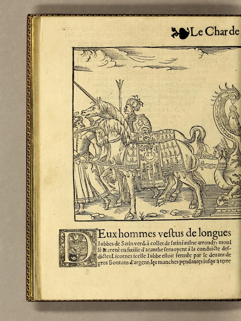An illustration from Cest la deduction du sumptueux ordre, plaisantz spectacles et magnifiques theatres dresses, et exhibes par les citoiens de Rouen ville metropolitaine du pays de Normandie, : a la sacree maiesté du treschristian [sic] Roy de France, Henry Secō[n]d leur souuerain seigneur, et à tresillustre [sic] dame, ma dame Katharine de Medicis, la royne son espouze, lors de leur triumphant ioyeulx & nouuel aduenement en icelle ville, qui fut es iours de mercredy & ieudy premier & secō[n]d iours d'octobre, mil cinq cens cinquante, et pour plus expresse intelligence de ce tant excellent triumphe, les figures & pourtraictz des principaulx a[d]ornementz d'iceluy y sont apposez chascun en son lieu comme l'on pourra veoir par le discours de l'histoire. Auec priuilege du Roy, 1551, leaf 48