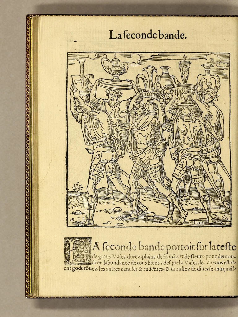 An illustration from Cest la deduction du sumptueux ordre, plaisantz spectacles et magnifiques theatres dresses, et exhibes par les citoiens de Rouen ville metropolitaine du pays de Normandie, : a la sacree maiesté du treschristian [sic] Roy de France, Henry Secō[n]d leur souuerain seigneur, et à tresillustre [sic] dame, ma dame Katharine de Medicis, la royne son espouze, lors de leur triumphant ioyeulx & nouuel aduenement en icelle ville, qui fut es iours de mercredy & ieudy premier & secō[n]d iours d'octobre, mil cinq cens cinquante, et pour plus expresse intelligence de ce tant excellent triumphe, les figures & pourtraictz des principaulx a[d]ornementz d'iceluy y sont apposez chascun en son lieu comme l'on pourra veoir par le discours de l'histoire. Auec priuilege du Roy, 1551, leaf 54