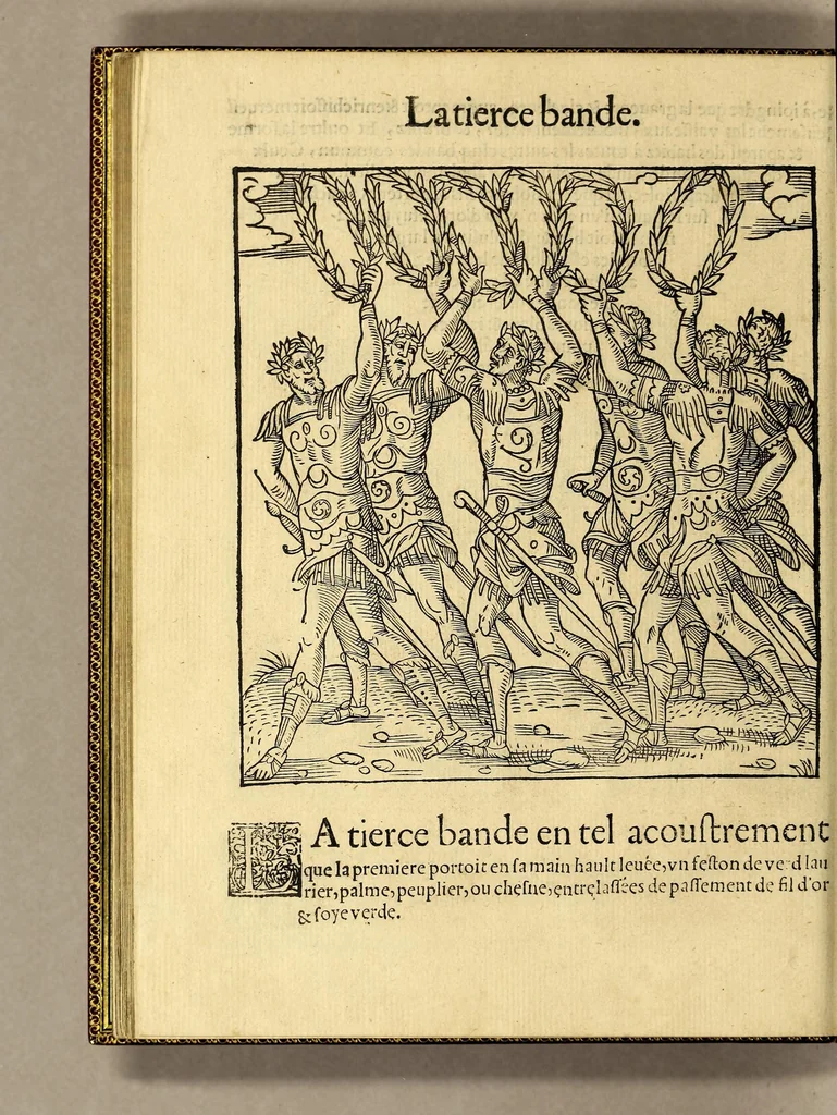 An illustration from Cest la deduction du sumptueux ordre, plaisantz spectacles et magnifiques theatres dresses, et exhibes par les citoiens de Rouen ville metropolitaine du pays de Normandie, : a la sacree maiesté du treschristian [sic] Roy de France, Henry Secō[n]d leur souuerain seigneur, et à tresillustre [sic] dame, ma dame Katharine de Medicis, la royne son espouze, lors de leur triumphant ioyeulx & nouuel aduenement en icelle ville, qui fut es iours de mercredy & ieudy premier & secō[n]d iours d'octobre, mil cinq cens cinquante, et pour plus expresse intelligence de ce tant excellent triumphe, les figures & pourtraictz des principaulx a[d]ornementz d'iceluy y sont apposez chascun en son lieu comme l'on pourra veoir par le discours de l'histoire. Auec priuilege du Roy, 1551, leaf 56