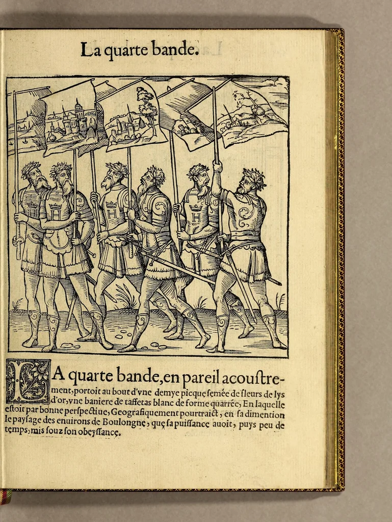 An illustration from Cest la deduction du sumptueux ordre, plaisantz spectacles et magnifiques theatres dresses, et exhibes par les citoiens de Rouen ville metropolitaine du pays de Normandie, : a la sacree maiesté du treschristian [sic] Roy de France, Henry Secō[n]d leur souuerain seigneur, et à tresillustre [sic] dame, ma dame Katharine de Medicis, la royne son espouze, lors de leur triumphant ioyeulx & nouuel aduenement en icelle ville, qui fut es iours de mercredy & ieudy premier & secō[n]d iours d'octobre, mil cinq cens cinquante, et pour plus expresse intelligence de ce tant excellent triumphe, les figures & pourtraictz des principaulx a[d]ornementz d'iceluy y sont apposez chascun en son lieu comme l'on pourra veoir par le discours de l'histoire. Auec priuilege du Roy, 1551, leaf 57