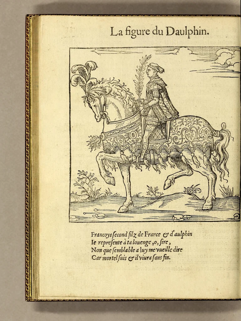 An illustration from Cest la deduction du sumptueux ordre, plaisantz spectacles et magnifiques theatres dresses, et exhibes par les citoiens de Rouen ville metropolitaine du pays de Normandie, : a la sacree maiesté du treschristian [sic] Roy de France, Henry Secō[n]d leur souuerain seigneur, et à tresillustre [sic] dame, ma dame Katharine de Medicis, la royne son espouze, lors de leur triumphant ioyeulx & nouuel aduenement en icelle ville, qui fut es iours de mercredy & ieudy premier & secō[n]d iours d'octobre, mil cinq cens cinquante, et pour plus expresse intelligence de ce tant excellent triumphe, les figures & pourtraictz des principaulx a[d]ornementz d'iceluy y sont apposez chascun en son lieu comme l'on pourra veoir par le discours de l'histoire. Auec priuilege du Roy, 1551, leaf 76