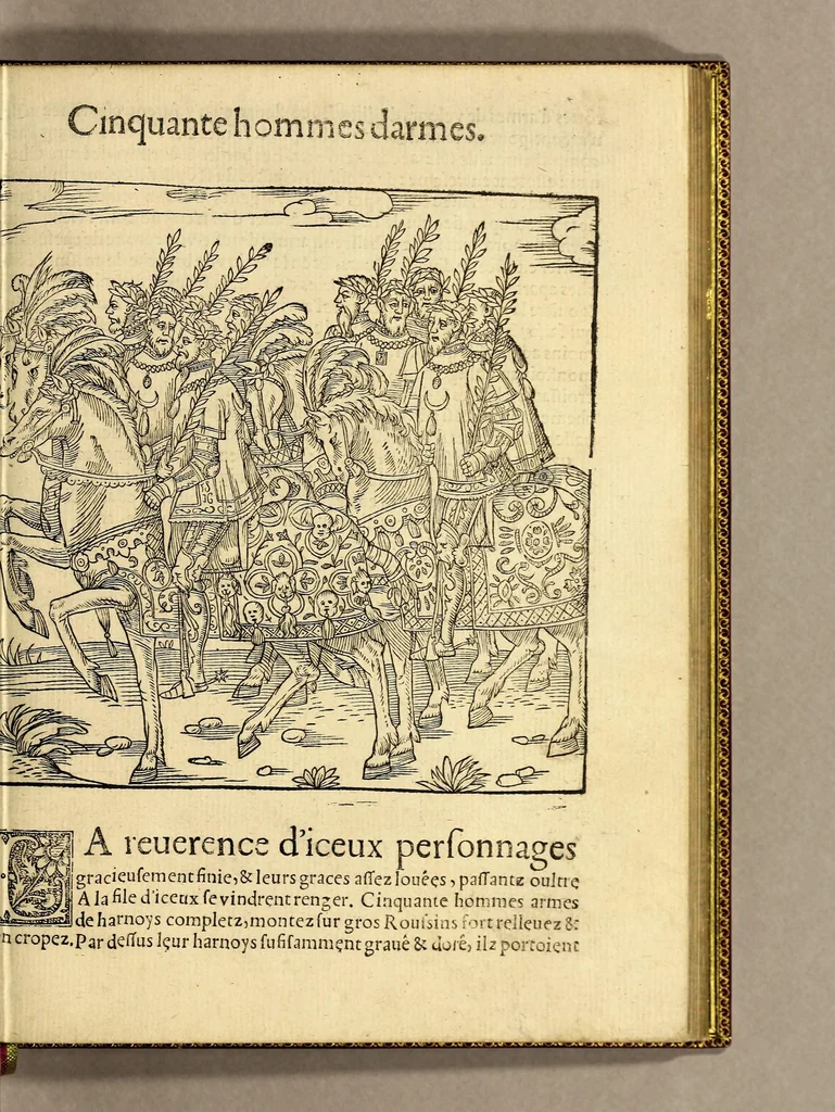 An illustration from Cest la deduction du sumptueux ordre, plaisantz spectacles et magnifiques theatres dresses, et exhibes par les citoiens de Rouen ville metropolitaine du pays de Normandie, : a la sacree maiesté du treschristian [sic] Roy de France, Henry Secō[n]d leur souuerain seigneur, et à tresillustre [sic] dame, ma dame Katharine de Medicis, la royne son espouze, lors de leur triumphant ioyeulx & nouuel aduenement en icelle ville, qui fut es iours de mercredy & ieudy premier & secō[n]d iours d'octobre, mil cinq cens cinquante, et pour plus expresse intelligence de ce tant excellent triumphe, les figures & pourtraictz des principaulx a[d]ornementz d'iceluy y sont apposez chascun en son lieu comme l'on pourra veoir par le discours de l'histoire. Auec priuilege du Roy, 1551, leaf 77