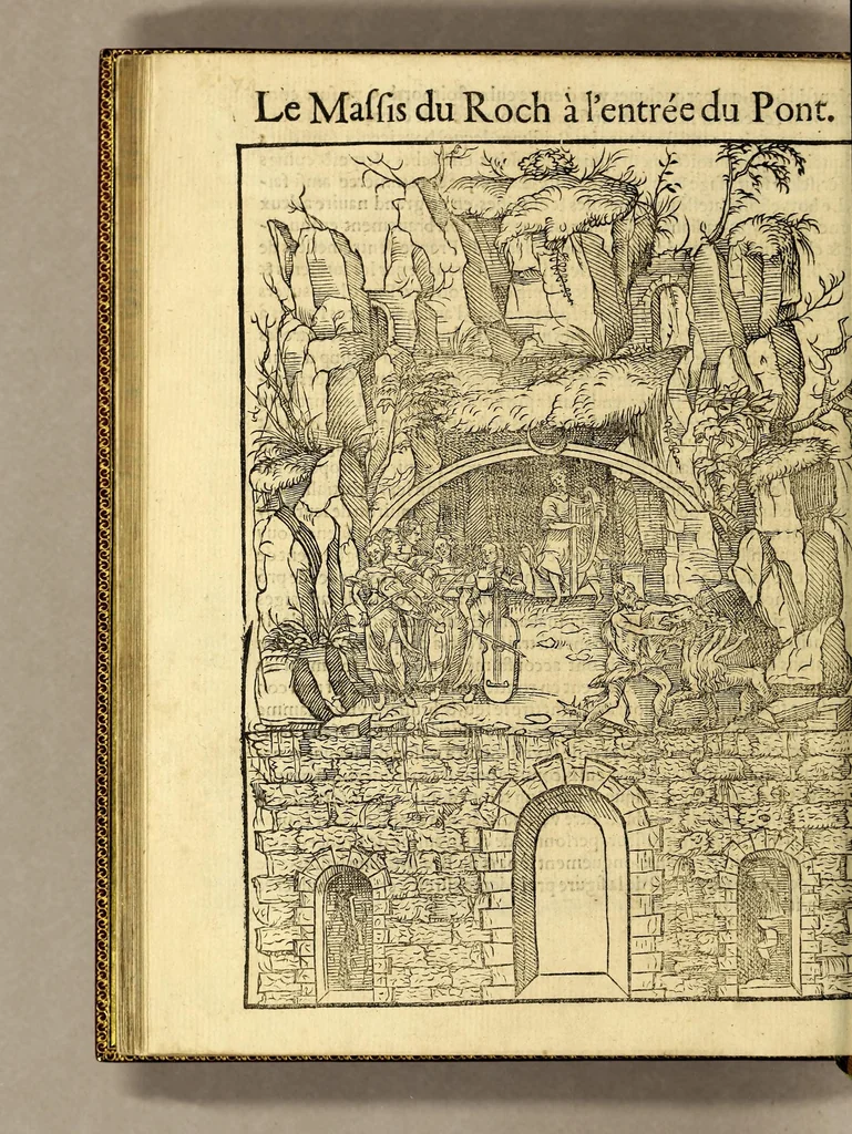An illustration from Cest la deduction du sumptueux ordre, plaisantz spectacles et magnifiques theatres dresses, et exhibes par les citoiens de Rouen ville metropolitaine du pays de Normandie, : a la sacree maiesté du treschristian [sic] Roy de France, Henry Secō[n]d leur souuerain seigneur, et à tresillustre [sic] dame, ma dame Katharine de Medicis, la royne son espouze, lors de leur triumphant ioyeulx & nouuel aduenement en icelle ville, qui fut es iours de mercredy & ieudy premier & secō[n]d iours d'octobre, mil cinq cens cinquante, et pour plus expresse intelligence de ce tant excellent triumphe, les figures & pourtraictz des principaulx a[d]ornementz d'iceluy y sont apposez chascun en son lieu comme l'on pourra veoir par le discours de l'histoire. Auec priuilege du Roy, 1551, leaf 94