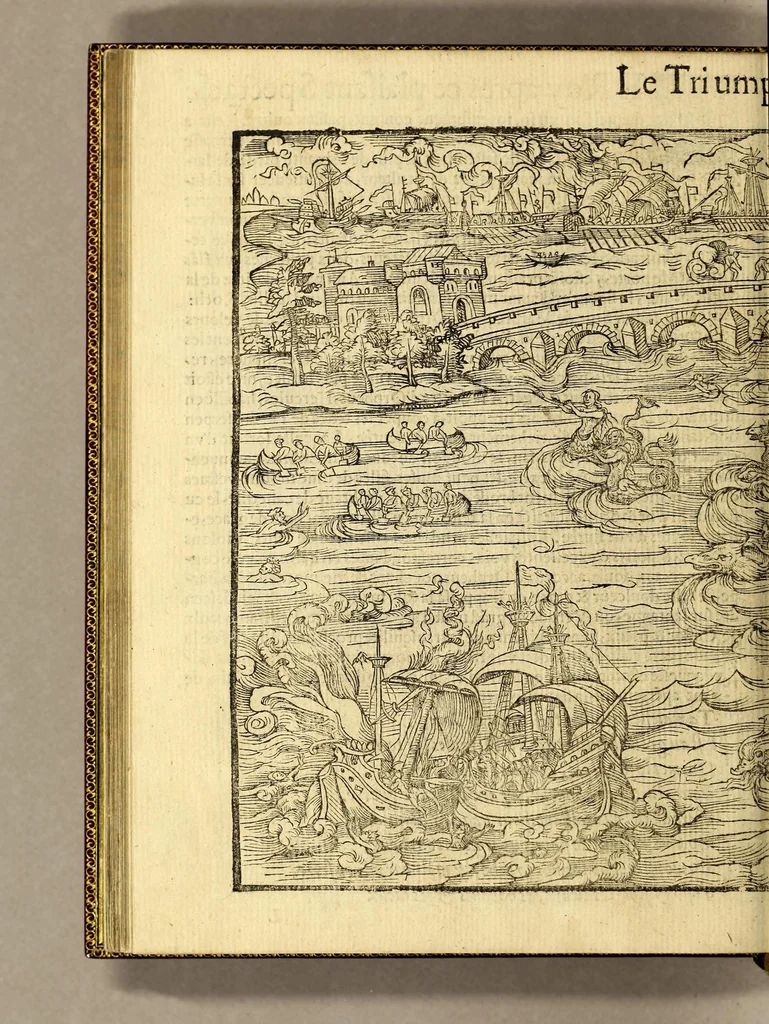 An illustration from Cest la deduction du sumptueux ordre, plaisantz spectacles et magnifiques theatres dresses, et exhibes par les citoiens de Rouen ville metropolitaine du pays de Normandie, : a la sacree maiesté du treschristian [sic] Roy de France, Henry Secō[n]d leur souuerain seigneur, et à tresillustre [sic] dame, ma dame Katharine de Medicis, la royne son espouze, lors de leur triumphant ioyeulx & nouuel aduenement en icelle ville, qui fut es iours de mercredy & ieudy premier & secō[n]d iours d'octobre, mil cinq cens cinquante, et pour plus expresse intelligence de ce tant excellent triumphe, les figures & pourtraictz des principaulx a[d]ornementz d'iceluy y sont apposez chascun en son lieu comme l'on pourra veoir par le discours de l'histoire. Auec priuilege du Roy, 1551, leaf 96
