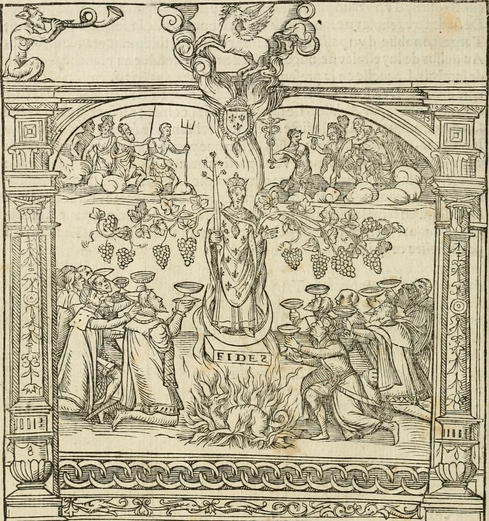 An illustration from Cest la dedvction du sumptueux ordre, plaisantz spectacles et magnifiqves theatres : dresses et exhibes par les citoiens de Rouen, ville metropolitaine du pays de Normandie, a la sacree maiesté du treschristian roy de France, Henry Secõd leur souuerain seigneur, et à tresillustre dame, ma dame Katharine de Medicis, la royne son espouze, lors de leur triumphant, ioyeulx & nouuel aduenement en icelle ville, qui fut es iours de mercredy & ieudy premier & secõd iours d'octobre, mil cinq cens cinquante : et pour plus expresse intelligence de ce tant excellent triumphe, les figures & pourtraictz des principaulx aornementz d'iceluy y sont apposez chascun en son lieu comme l'on pourra veoir par le discours de l'histoire, 1551, leaf 101