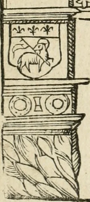 An illustration from Cest la dedvction du sumptueux ordre, plaisantz spectacles et magnifiqves theatres : dresses et exhibes par les citoiens de Rouen, ville metropolitaine du pays de Normandie, a la sacree maiesté du treschristian roy de France, Henry Secõd leur souuerain seigneur, et à tresillustre dame, ma dame Katharine de Medicis, la royne son espouze, lors de leur triumphant, ioyeulx & nouuel aduenement en icelle ville, qui fut es iours de mercredy & ieudy premier & secõd iours d'octobre, mil cinq cens cinquante : et pour plus expresse intelligence de ce tant excellent triumphe, les figures & pourtraictz des principaulx aornementz d'iceluy y sont apposez chascun en son lieu comme l'on pourra veoir par le discours de l'histoire, 1551, leaf 101
