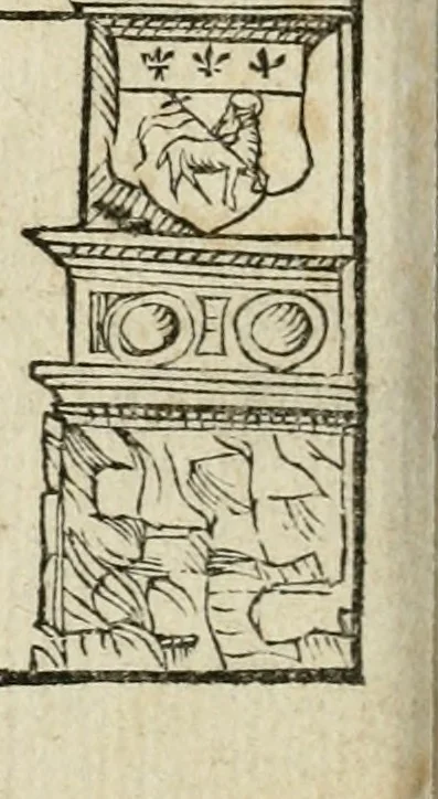 An illustration from Cest la dedvction du sumptueux ordre, plaisantz spectacles et magnifiqves theatres : dresses et exhibes par les citoiens de Rouen, ville metropolitaine du pays de Normandie, a la sacree maiesté du treschristian roy de France, Henry Secõd leur souuerain seigneur, et à tresillustre dame, ma dame Katharine de Medicis, la royne son espouze, lors de leur triumphant, ioyeulx & nouuel aduenement en icelle ville, qui fut es iours de mercredy & ieudy premier & secõd iours d'octobre, mil cinq cens cinquante : et pour plus expresse intelligence de ce tant excellent triumphe, les figures & pourtraictz des principaulx aornementz d'iceluy y sont apposez chascun en son lieu comme l'on pourra veoir par le discours de l'histoire, 1551, leaf 101