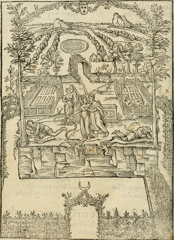 An illustration from Cest la dedvction du sumptueux ordre, plaisantz spectacles et magnifiqves theatres : dresses et exhibes par les citoiens de Rouen, ville metropolitaine du pays de Normandie, a la sacree maiesté du treschristian roy de France, Henry Secõd leur souuerain seigneur, et à tresillustre dame, ma dame Katharine de Medicis, la royne son espouze, lors de leur triumphant, ioyeulx & nouuel aduenement en icelle ville, qui fut es iours de mercredy & ieudy premier & secõd iours d'octobre, mil cinq cens cinquante : et pour plus expresse intelligence de ce tant excellent triumphe, les figures & pourtraictz des principaulx aornementz d'iceluy y sont apposez chascun en son lieu comme l'on pourra veoir par le discours de l'histoire, 1551, leaf 107