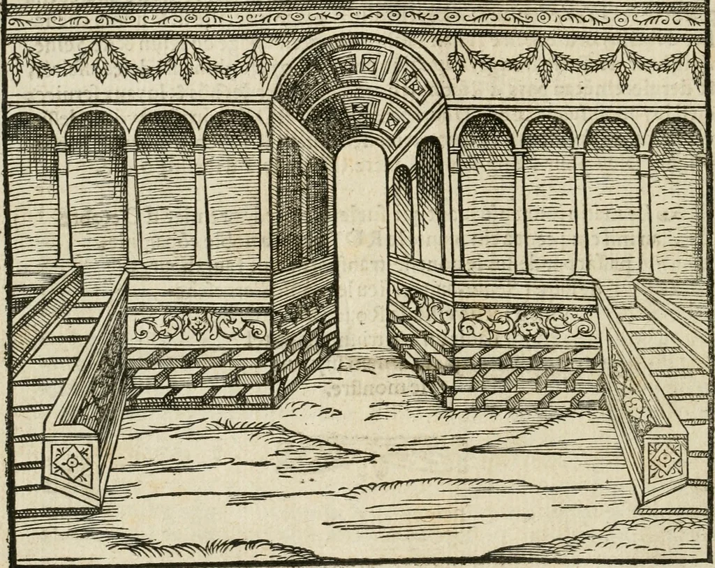 An illustration from Cest la dedvction du sumptueux ordre, plaisantz spectacles et magnifiqves theatres : dresses et exhibes par les citoiens de Rouen, ville metropolitaine du pays de Normandie, a la sacree maiesté du treschristian roy de France, Henry Secõd leur souuerain seigneur, et à tresillustre dame, ma dame Katharine de Medicis, la royne son espouze, lors de leur triumphant, ioyeulx & nouuel aduenement en icelle ville, qui fut es iours de mercredy & ieudy premier & secõd iours d'octobre, mil cinq cens cinquante : et pour plus expresse intelligence de ce tant excellent triumphe, les figures & pourtraictz des principaulx aornementz d'iceluy y sont apposez chascun en son lieu comme l'on pourra veoir par le discours de l'histoire, 1551, leaf 15