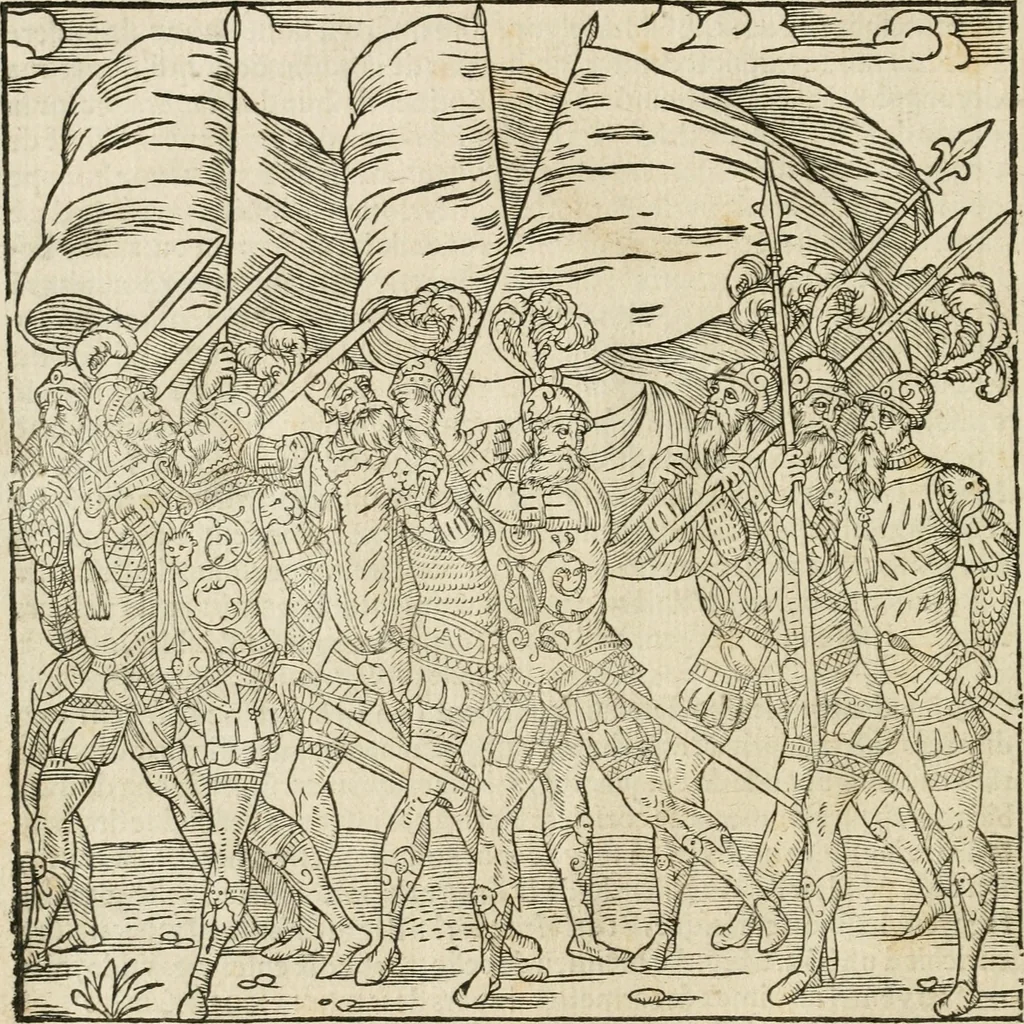 An illustration from Cest la dedvction du sumptueux ordre, plaisantz spectacles et magnifiqves theatres : dresses et exhibes par les citoiens de Rouen, ville metropolitaine du pays de Normandie, a la sacree maiesté du treschristian roy de France, Henry Secõd leur souuerain seigneur, et à tresillustre dame, ma dame Katharine de Medicis, la royne son espouze, lors de leur triumphant, ioyeulx & nouuel aduenement en icelle ville, qui fut es iours de mercredy & ieudy premier & secõd iours d'octobre, mil cinq cens cinquante : et pour plus expresse intelligence de ce tant excellent triumphe, les figures & pourtraictz des principaulx aornementz d'iceluy y sont apposez chascun en son lieu comme l'on pourra veoir par le discours de l'histoire, 1551, leaf 31