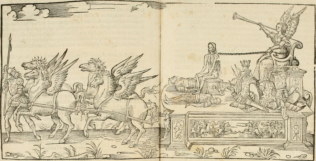 An illustration from Cest la dedvction du sumptueux ordre, plaisantz spectacles et magnifiqves theatres : dresses et exhibes par les citoiens de Rouen, ville metropolitaine du pays de Normandie, a la sacree maiesté du treschristian roy de France, Henry Secõd leur souuerain seigneur, et à tresillustre dame, ma dame Katharine de Medicis, la royne son espouze, lors de leur triumphant, ioyeulx & nouuel aduenement en icelle ville, qui fut es iours de mercredy & ieudy premier & secõd iours d'octobre, mil cinq cens cinquante : et pour plus expresse intelligence de ce tant excellent triumphe, les figures & pourtraictz des principaulx aornementz d'iceluy y sont apposez chascun en son lieu comme l'on pourra veoir par le discours de l'histoire, 1551, leaf 34