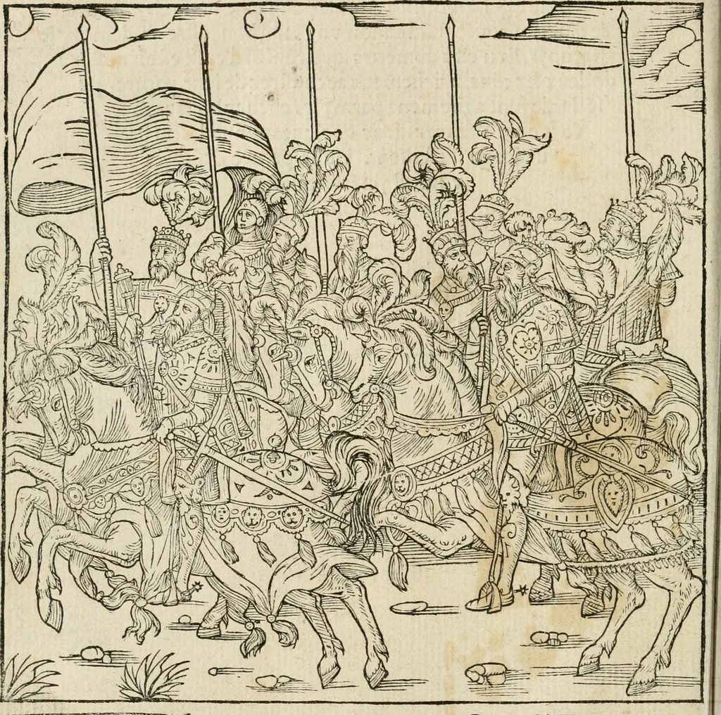 An illustration from Cest la dedvction du sumptueux ordre, plaisantz spectacles et magnifiqves theatres : dresses et exhibes par les citoiens de Rouen, ville metropolitaine du pays de Normandie, a la sacree maiesté du treschristian roy de France, Henry Secõd leur souuerain seigneur, et à tresillustre dame, ma dame Katharine de Medicis, la royne son espouze, lors de leur triumphant, ioyeulx & nouuel aduenement en icelle ville, qui fut es iours de mercredy & ieudy premier & secõd iours d'octobre, mil cinq cens cinquante : et pour plus expresse intelligence de ce tant excellent triumphe, les figures & pourtraictz des principaulx aornementz d'iceluy y sont apposez chascun en son lieu comme l'on pourra veoir par le discours de l'histoire, 1551, leaf 37