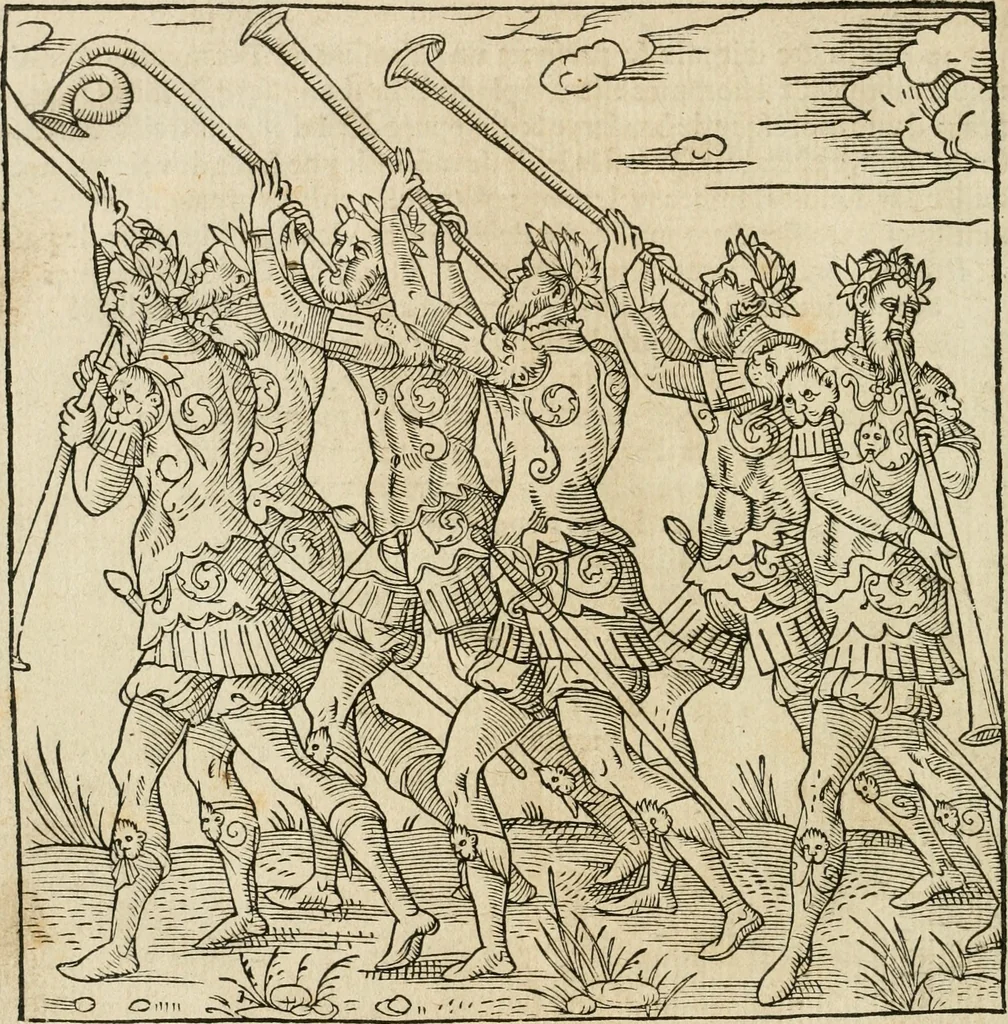 An illustration from Cest la dedvction du sumptueux ordre, plaisantz spectacles et magnifiqves theatres : dresses et exhibes par les citoiens de Rouen, ville metropolitaine du pays de Normandie, a la sacree maiesté du treschristian roy de France, Henry Secõd leur souuerain seigneur, et à tresillustre dame, ma dame Katharine de Medicis, la royne son espouze, lors de leur triumphant, ioyeulx & nouuel aduenement en icelle ville, qui fut es iours de mercredy & ieudy premier & secõd iours d'octobre, mil cinq cens cinquante : et pour plus expresse intelligence de ce tant excellent triumphe, les figures & pourtraictz des principaulx aornementz d'iceluy y sont apposez chascun en son lieu comme l'on pourra veoir par le discours de l'histoire, 1551, leaf 39