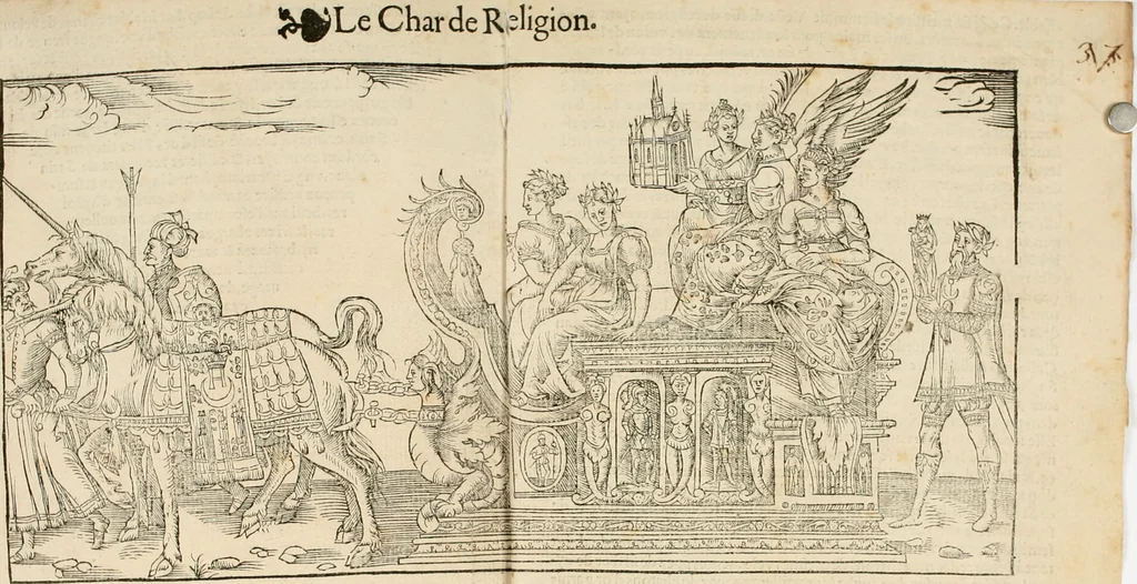 An illustration from Cest la dedvction du sumptueux ordre, plaisantz spectacles et magnifiqves theatres : dresses et exhibes par les citoiens de Rouen, ville metropolitaine du pays de Normandie, a la sacree maiesté du treschristian roy de France, Henry Secõd leur souuerain seigneur, et à tresillustre dame, ma dame Katharine de Medicis, la royne son espouze, lors de leur triumphant, ioyeulx & nouuel aduenement en icelle ville, qui fut es iours de mercredy & ieudy premier & secõd iours d'octobre, mil cinq cens cinquante : et pour plus expresse intelligence de ce tant excellent triumphe, les figures & pourtraictz des principaulx aornementz d'iceluy y sont apposez chascun en son lieu comme l'on pourra veoir par le discours de l'histoire, 1551, leaf 42