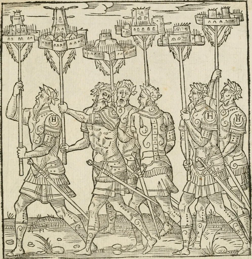 An illustration from Cest la dedvction du sumptueux ordre, plaisantz spectacles et magnifiqves theatres : dresses et exhibes par les citoiens de Rouen, ville metropolitaine du pays de Normandie, a la sacree maiesté du treschristian roy de France, Henry Secõd leur souuerain seigneur, et à tresillustre dame, ma dame Katharine de Medicis, la royne son espouze, lors de leur triumphant, ioyeulx & nouuel aduenement en icelle ville, qui fut es iours de mercredy & ieudy premier & secõd iours d'octobre, mil cinq cens cinquante : et pour plus expresse intelligence de ce tant excellent triumphe, les figures & pourtraictz des principaulx aornementz d'iceluy y sont apposez chascun en son lieu comme l'on pourra veoir par le discours de l'histoire, 1551, leaf 46