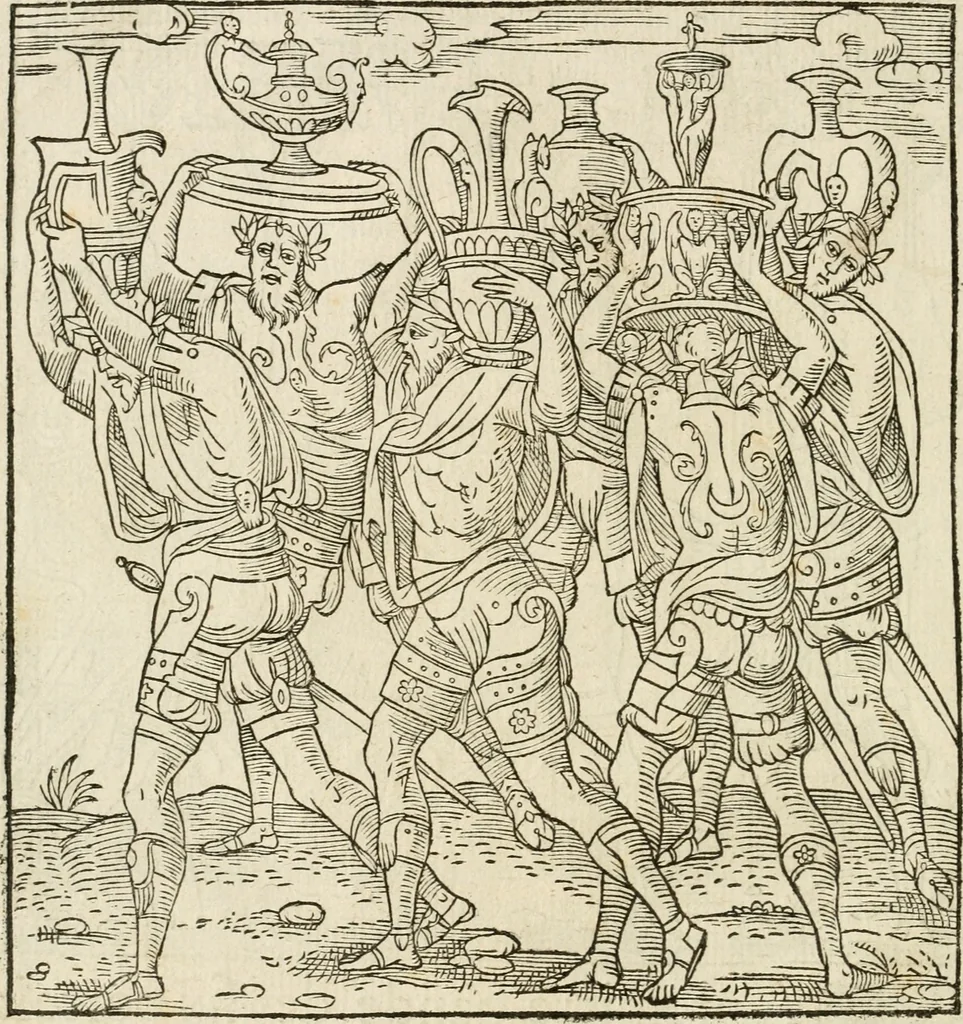 An illustration from Cest la dedvction du sumptueux ordre, plaisantz spectacles et magnifiqves theatres : dresses et exhibes par les citoiens de Rouen, ville metropolitaine du pays de Normandie, a la sacree maiesté du treschristian roy de France, Henry Secõd leur souuerain seigneur, et à tresillustre dame, ma dame Katharine de Medicis, la royne son espouze, lors de leur triumphant, ioyeulx & nouuel aduenement en icelle ville, qui fut es iours de mercredy & ieudy premier & secõd iours d'octobre, mil cinq cens cinquante : et pour plus expresse intelligence de ce tant excellent triumphe, les figures & pourtraictz des principaulx aornementz d'iceluy y sont apposez chascun en son lieu comme l'on pourra veoir par le discours de l'histoire, 1551, leaf 47