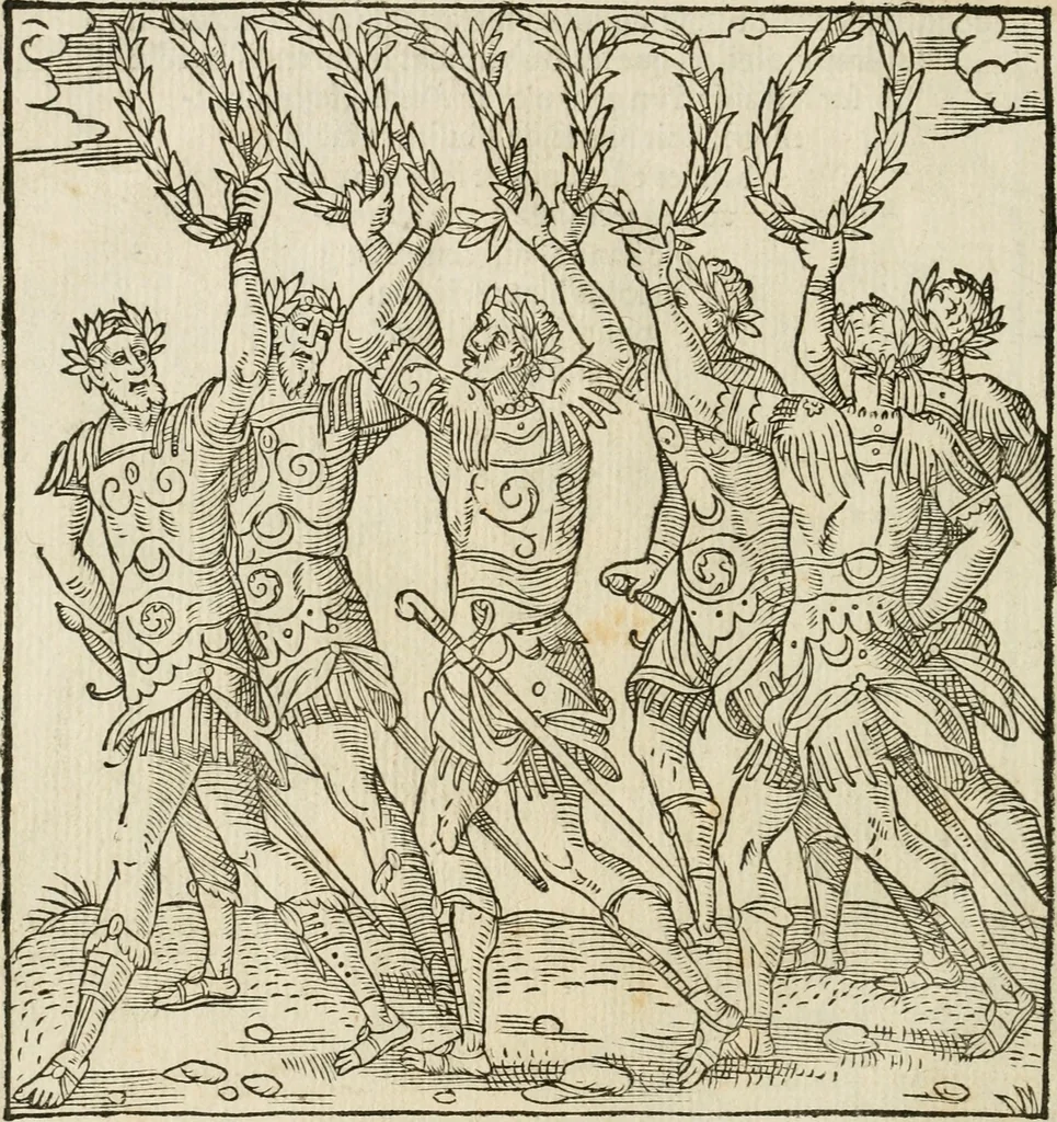 An illustration from Cest la dedvction du sumptueux ordre, plaisantz spectacles et magnifiqves theatres : dresses et exhibes par les citoiens de Rouen, ville metropolitaine du pays de Normandie, a la sacree maiesté du treschristian roy de France, Henry Secõd leur souuerain seigneur, et à tresillustre dame, ma dame Katharine de Medicis, la royne son espouze, lors de leur triumphant, ioyeulx & nouuel aduenement en icelle ville, qui fut es iours de mercredy & ieudy premier & secõd iours d'octobre, mil cinq cens cinquante : et pour plus expresse intelligence de ce tant excellent triumphe, les figures & pourtraictz des principaulx aornementz d'iceluy y sont apposez chascun en son lieu comme l'on pourra veoir par le discours de l'histoire, 1551, leaf 49