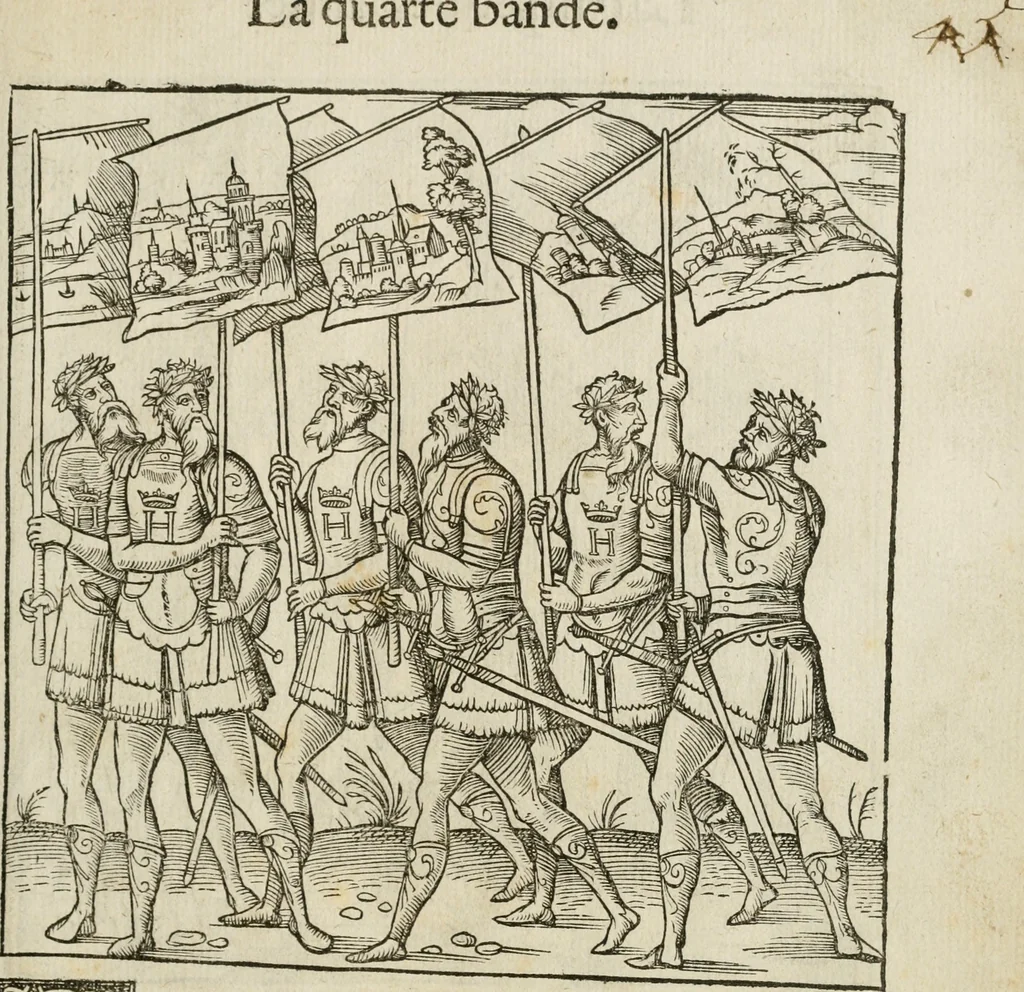 An illustration from Cest la dedvction du sumptueux ordre, plaisantz spectacles et magnifiqves theatres : dresses et exhibes par les citoiens de Rouen, ville metropolitaine du pays de Normandie, a la sacree maiesté du treschristian roy de France, Henry Secõd leur souuerain seigneur, et à tresillustre dame, ma dame Katharine de Medicis, la royne son espouze, lors de leur triumphant, ioyeulx & nouuel aduenement en icelle ville, qui fut es iours de mercredy & ieudy premier & secõd iours d'octobre, mil cinq cens cinquante : et pour plus expresse intelligence de ce tant excellent triumphe, les figures & pourtraictz des principaulx aornementz d'iceluy y sont apposez chascun en son lieu comme l'on pourra veoir par le discours de l'histoire, 1551, leaf 50