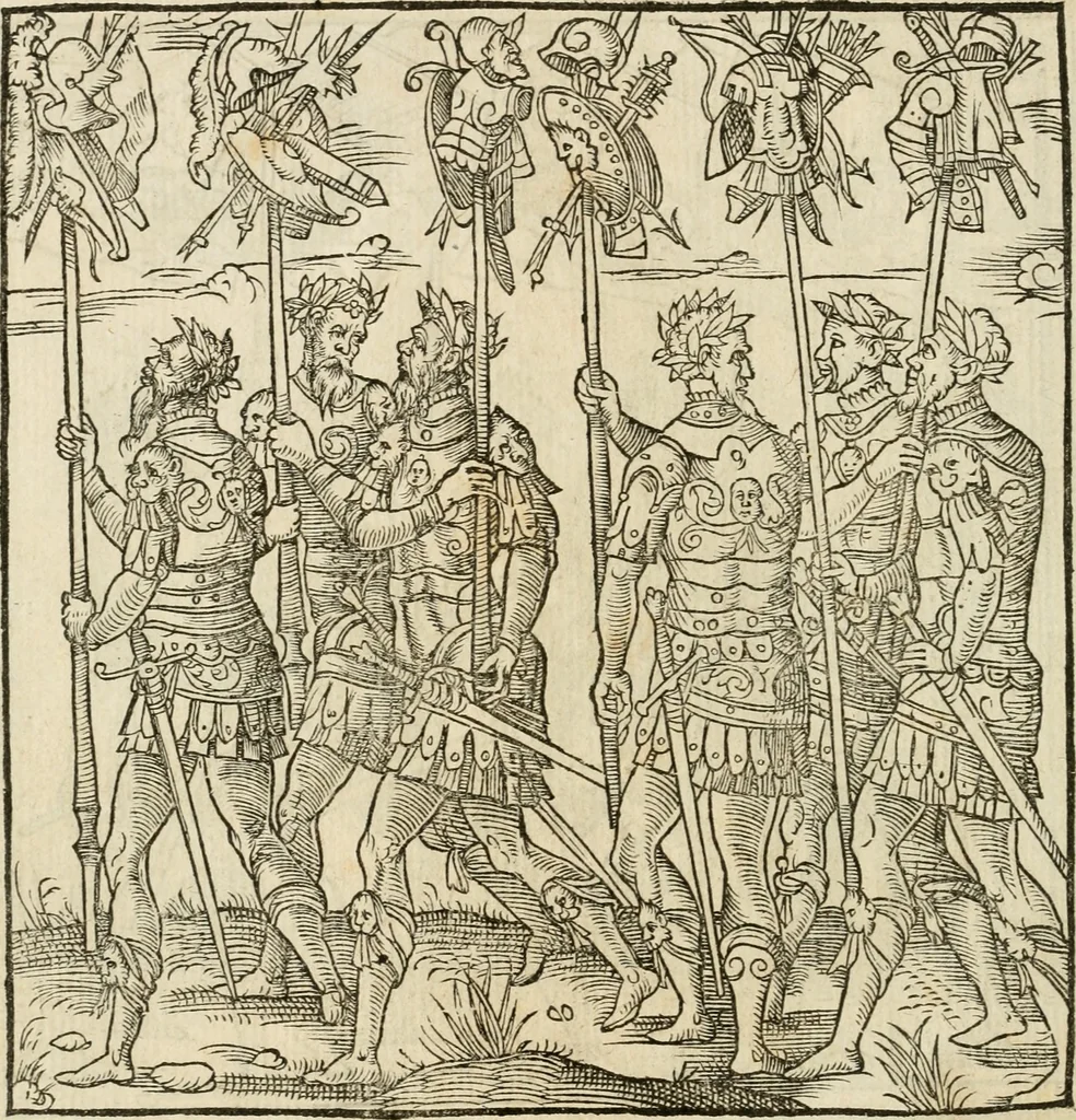 An illustration from Cest la dedvction du sumptueux ordre, plaisantz spectacles et magnifiqves theatres : dresses et exhibes par les citoiens de Rouen, ville metropolitaine du pays de Normandie, a la sacree maiesté du treschristian roy de France, Henry Secõd leur souuerain seigneur, et à tresillustre dame, ma dame Katharine de Medicis, la royne son espouze, lors de leur triumphant, ioyeulx & nouuel aduenement en icelle ville, qui fut es iours de mercredy & ieudy premier & secõd iours d'octobre, mil cinq cens cinquante : et pour plus expresse intelligence de ce tant excellent triumphe, les figures & pourtraictz des principaulx aornementz d'iceluy y sont apposez chascun en son lieu comme l'on pourra veoir par le discours de l'histoire, 1551, leaf 51