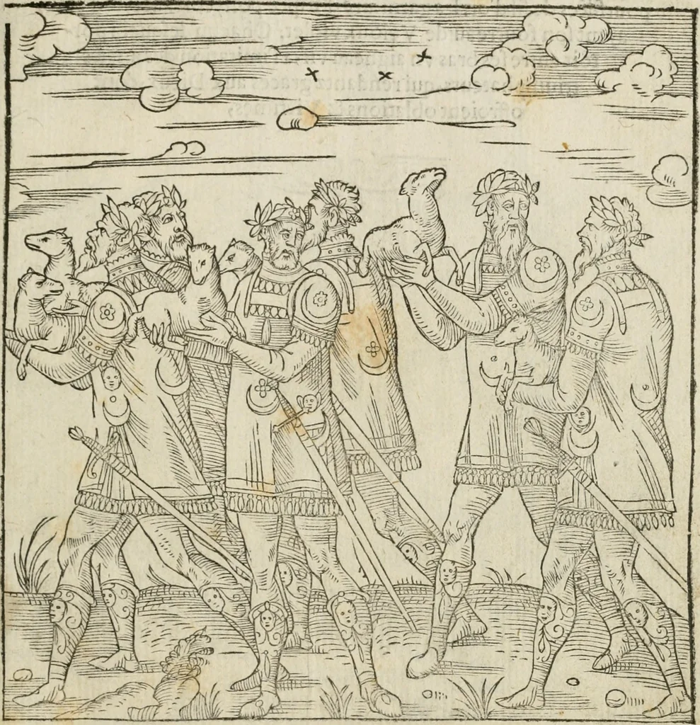 An illustration from Cest la dedvction du sumptueux ordre, plaisantz spectacles et magnifiqves theatres : dresses et exhibes par les citoiens de Rouen, ville metropolitaine du pays de Normandie, a la sacree maiesté du treschristian roy de France, Henry Secõd leur souuerain seigneur, et à tresillustre dame, ma dame Katharine de Medicis, la royne son espouze, lors de leur triumphant, ioyeulx & nouuel aduenement en icelle ville, qui fut es iours de mercredy & ieudy premier & secõd iours d'octobre, mil cinq cens cinquante : et pour plus expresse intelligence de ce tant excellent triumphe, les figures & pourtraictz des principaulx aornementz d'iceluy y sont apposez chascun en son lieu comme l'on pourra veoir par le discours de l'histoire, 1551, leaf 52
