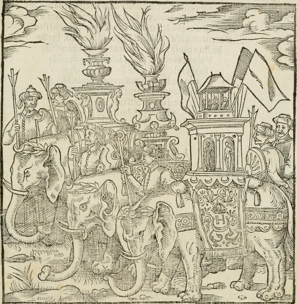 An illustration from Cest la dedvction du sumptueux ordre, plaisantz spectacles et magnifiqves theatres : dresses et exhibes par les citoiens de Rouen, ville metropolitaine du pays de Normandie, a la sacree maiesté du treschristian roy de France, Henry Secõd leur souuerain seigneur, et à tresillustre dame, ma dame Katharine de Medicis, la royne son espouze, lors de leur triumphant, ioyeulx & nouuel aduenement en icelle ville, qui fut es iours de mercredy & ieudy premier & secõd iours d'octobre, mil cinq cens cinquante : et pour plus expresse intelligence de ce tant excellent triumphe, les figures & pourtraictz des principaulx aornementz d'iceluy y sont apposez chascun en son lieu comme l'on pourra veoir par le discours de l'histoire, 1551, leaf 56
