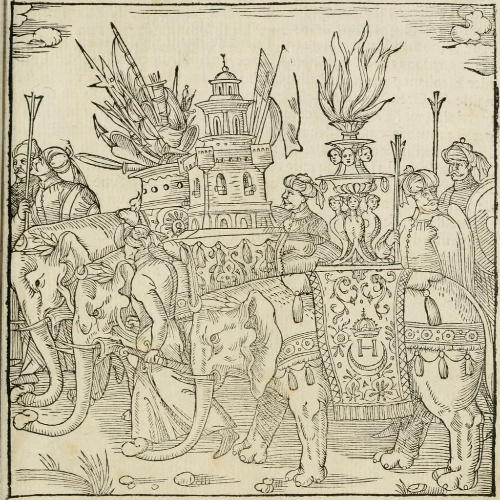 An illustration from Cest la dedvction du sumptueux ordre, plaisantz spectacles et magnifiqves theatres : dresses et exhibes par les citoiens de Rouen, ville metropolitaine du pays de Normandie, a la sacree maiesté du treschristian roy de France, Henry Secõd leur souuerain seigneur, et à tresillustre dame, ma dame Katharine de Medicis, la royne son espouze, lors de leur triumphant, ioyeulx & nouuel aduenement en icelle ville, qui fut es iours de mercredy & ieudy premier & secõd iours d'octobre, mil cinq cens cinquante : et pour plus expresse intelligence de ce tant excellent triumphe, les figures & pourtraictz des principaulx aornementz d'iceluy y sont apposez chascun en son lieu comme l'on pourra veoir par le discours de l'histoire, 1551, leaf 58
