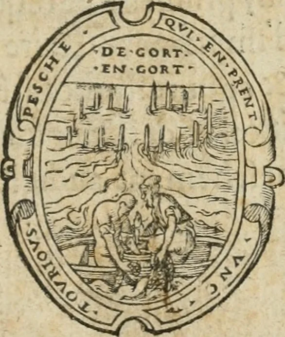 An illustration from Cest la dedvction du sumptueux ordre, plaisantz spectacles et magnifiqves theatres : dresses et exhibes par les citoiens de Rouen, ville metropolitaine du pays de Normandie, a la sacree maiesté du treschristian roy de France, Henry Secõd leur souuerain seigneur, et à tresillustre dame, ma dame Katharine de Medicis, la royne son espouze, lors de leur triumphant, ioyeulx & nouuel aduenement en icelle ville, qui fut es iours de mercredy & ieudy premier & secõd iours d'octobre, mil cinq cens cinquante : et pour plus expresse intelligence de ce tant excellent triumphe, les figures & pourtraictz des principaulx aornementz d'iceluy y sont apposez chascun en son lieu comme l'on pourra veoir par le discours de l'histoire, 1551, leaf 6