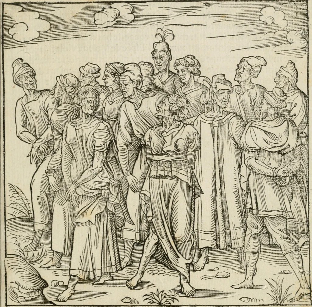 An illustration from Cest la dedvction du sumptueux ordre, plaisantz spectacles et magnifiqves theatres : dresses et exhibes par les citoiens de Rouen, ville metropolitaine du pays de Normandie, a la sacree maiesté du treschristian roy de France, Henry Secõd leur souuerain seigneur, et à tresillustre dame, ma dame Katharine de Medicis, la royne son espouze, lors de leur triumphant, ioyeulx & nouuel aduenement en icelle ville, qui fut es iours de mercredy & ieudy premier & secõd iours d'octobre, mil cinq cens cinquante : et pour plus expresse intelligence de ce tant excellent triumphe, les figures & pourtraictz des principaulx aornementz d'iceluy y sont apposez chascun en son lieu comme l'on pourra veoir par le discours de l'histoire, 1551, leaf 60