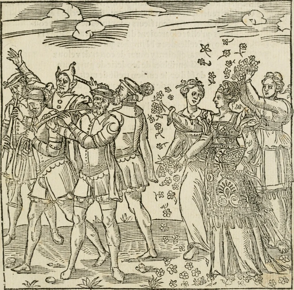 An illustration from Cest la dedvction du sumptueux ordre, plaisantz spectacles et magnifiqves theatres : dresses et exhibes par les citoiens de Rouen, ville metropolitaine du pays de Normandie, a la sacree maiesté du treschristian roy de France, Henry Secõd leur souuerain seigneur, et à tresillustre dame, ma dame Katharine de Medicis, la royne son espouze, lors de leur triumphant, ioyeulx & nouuel aduenement en icelle ville, qui fut es iours de mercredy & ieudy premier & secõd iours d'octobre, mil cinq cens cinquante : et pour plus expresse intelligence de ce tant excellent triumphe, les figures & pourtraictz des principaulx aornementz d'iceluy y sont apposez chascun en son lieu comme l'on pourra veoir par le discours de l'histoire, 1551, leaf 62