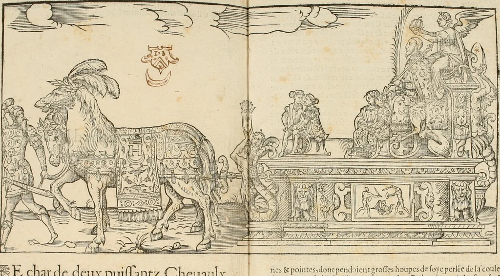 An illustration from Cest la dedvction du sumptueux ordre, plaisantz spectacles et magnifiqves theatres : dresses et exhibes par les citoiens de Rouen, ville metropolitaine du pays de Normandie, a la sacree maiesté du treschristian roy de France, Henry Secõd leur souuerain seigneur, et à tresillustre dame, ma dame Katharine de Medicis, la royne son espouze, lors de leur triumphant, ioyeulx & nouuel aduenement en icelle ville, qui fut es iours de mercredy & ieudy premier & secõd iours d'octobre, mil cinq cens cinquante : et pour plus expresse intelligence de ce tant excellent triumphe, les figures & pourtraictz des principaulx aornementz d'iceluy y sont apposez chascun en son lieu comme l'on pourra veoir par le discours de l'histoire, 1551, leaf 66