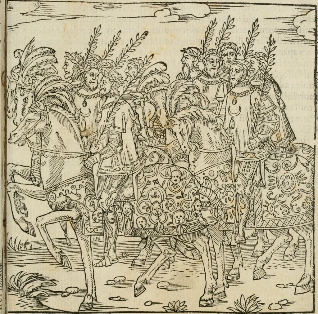 An illustration from Cest la dedvction du sumptueux ordre, plaisantz spectacles et magnifiqves theatres : dresses et exhibes par les citoiens de Rouen, ville metropolitaine du pays de Normandie, a la sacree maiesté du treschristian roy de France, Henry Secõd leur souuerain seigneur, et à tresillustre dame, ma dame Katharine de Medicis, la royne son espouze, lors de leur triumphant, ioyeulx & nouuel aduenement en icelle ville, qui fut es iours de mercredy & ieudy premier & secõd iours d'octobre, mil cinq cens cinquante : et pour plus expresse intelligence de ce tant excellent triumphe, les figures & pourtraictz des principaulx aornementz d'iceluy y sont apposez chascun en son lieu comme l'on pourra veoir par le discours de l'histoire, 1551, leaf 70
