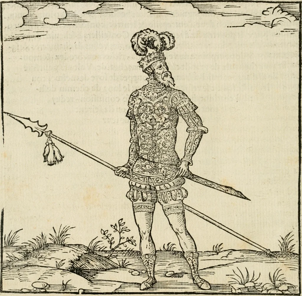 An illustration from Cest la dedvction du sumptueux ordre, plaisantz spectacles et magnifiqves theatres : dresses et exhibes par les citoiens de Rouen, ville metropolitaine du pays de Normandie, a la sacree maiesté du treschristian roy de France, Henry Secõd leur souuerain seigneur, et à tresillustre dame, ma dame Katharine de Medicis, la royne son espouze, lors de leur triumphant, ioyeulx & nouuel aduenement en icelle ville, qui fut es iours de mercredy & ieudy premier & secõd iours d'octobre, mil cinq cens cinquante : et pour plus expresse intelligence de ce tant excellent triumphe, les figures & pourtraictz des principaulx aornementz d'iceluy y sont apposez chascun en son lieu comme l'on pourra veoir par le discours de l'histoire, 1551, leaf 73
