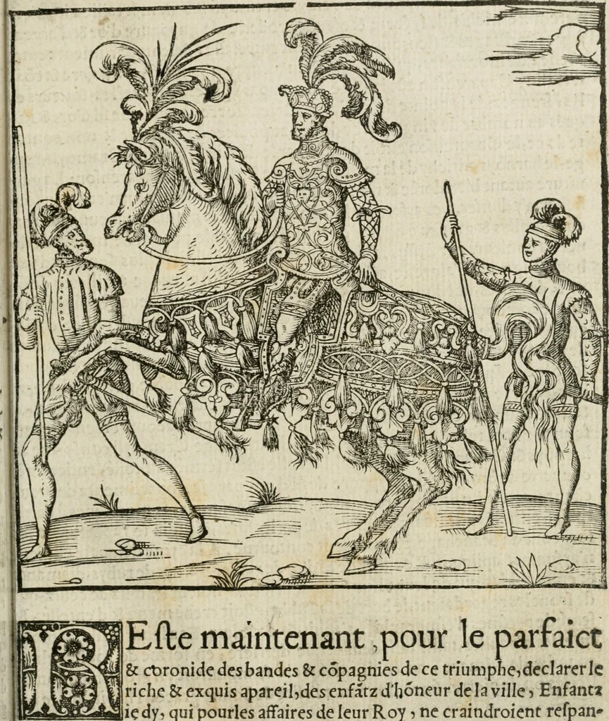 An illustration from Cest la dedvction du sumptueux ordre, plaisantz spectacles et magnifiqves theatres : dresses et exhibes par les citoiens de Rouen, ville metropolitaine du pays de Normandie, a la sacree maiesté du treschristian roy de France, Henry Secõd leur souuerain seigneur, et à tresillustre dame, ma dame Katharine de Medicis, la royne son espouze, lors de leur triumphant, ioyeulx & nouuel aduenement en icelle ville, qui fut es iours de mercredy & ieudy premier & secõd iours d'octobre, mil cinq cens cinquante : et pour plus expresse intelligence de ce tant excellent triumphe, les figures & pourtraictz des principaulx aornementz d'iceluy y sont apposez chascun en son lieu comme l'on pourra veoir par le discours de l'histoire, 1551, leaf 76