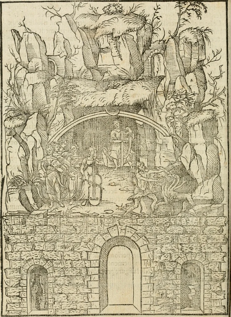 An illustration from Cest la dedvction du sumptueux ordre, plaisantz spectacles et magnifiqves theatres : dresses et exhibes par les citoiens de Rouen, ville metropolitaine du pays de Normandie, a la sacree maiesté du treschristian roy de France, Henry Secõd leur souuerain seigneur, et à tresillustre dame, ma dame Katharine de Medicis, la royne son espouze, lors de leur triumphant, ioyeulx & nouuel aduenement en icelle ville, qui fut es iours de mercredy & ieudy premier & secõd iours d'octobre, mil cinq cens cinquante : et pour plus expresse intelligence de ce tant excellent triumphe, les figures & pourtraictz des principaulx aornementz d'iceluy y sont apposez chascun en son lieu comme l'on pourra veoir par le discours de l'histoire, 1551, leaf 87