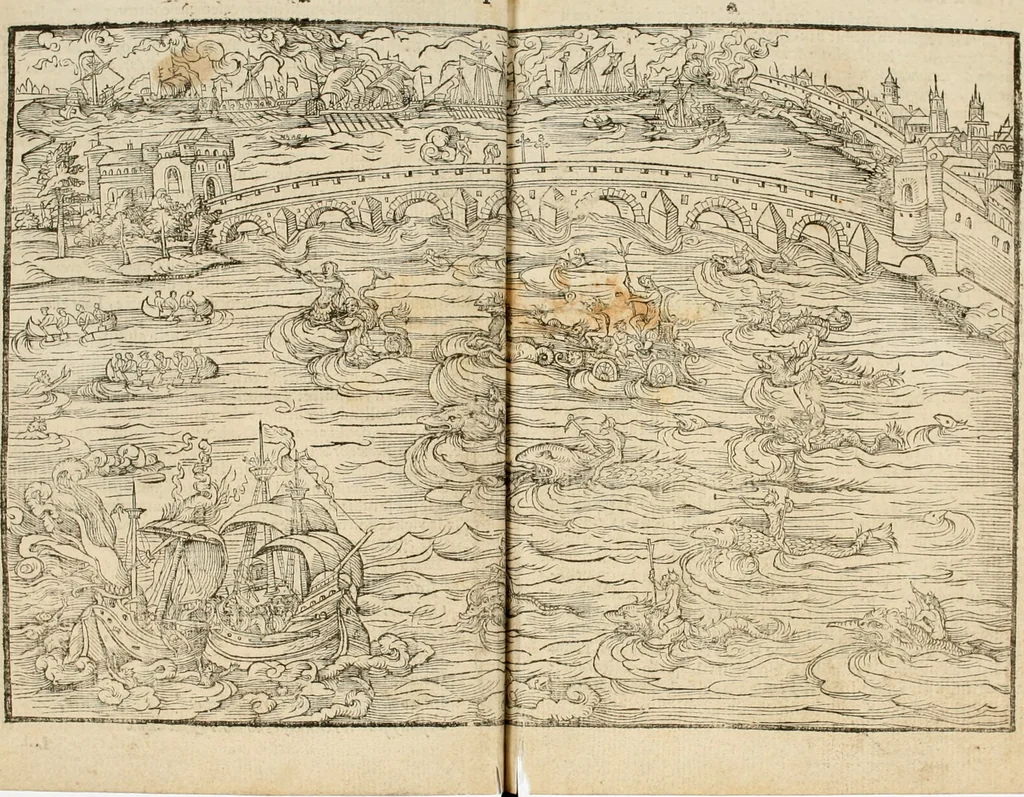 An illustration from Cest la dedvction du sumptueux ordre, plaisantz spectacles et magnifiqves theatres : dresses et exhibes par les citoiens de Rouen, ville metropolitaine du pays de Normandie, a la sacree maiesté du treschristian roy de France, Henry Secõd leur souuerain seigneur, et à tresillustre dame, ma dame Katharine de Medicis, la royne son espouze, lors de leur triumphant, ioyeulx & nouuel aduenement en icelle ville, qui fut es iours de mercredy & ieudy premier & secõd iours d'octobre, mil cinq cens cinquante : et pour plus expresse intelligence de ce tant excellent triumphe, les figures & pourtraictz des principaulx aornementz d'iceluy y sont apposez chascun en son lieu comme l'on pourra veoir par le discours de l'histoire, 1551, leaf 90