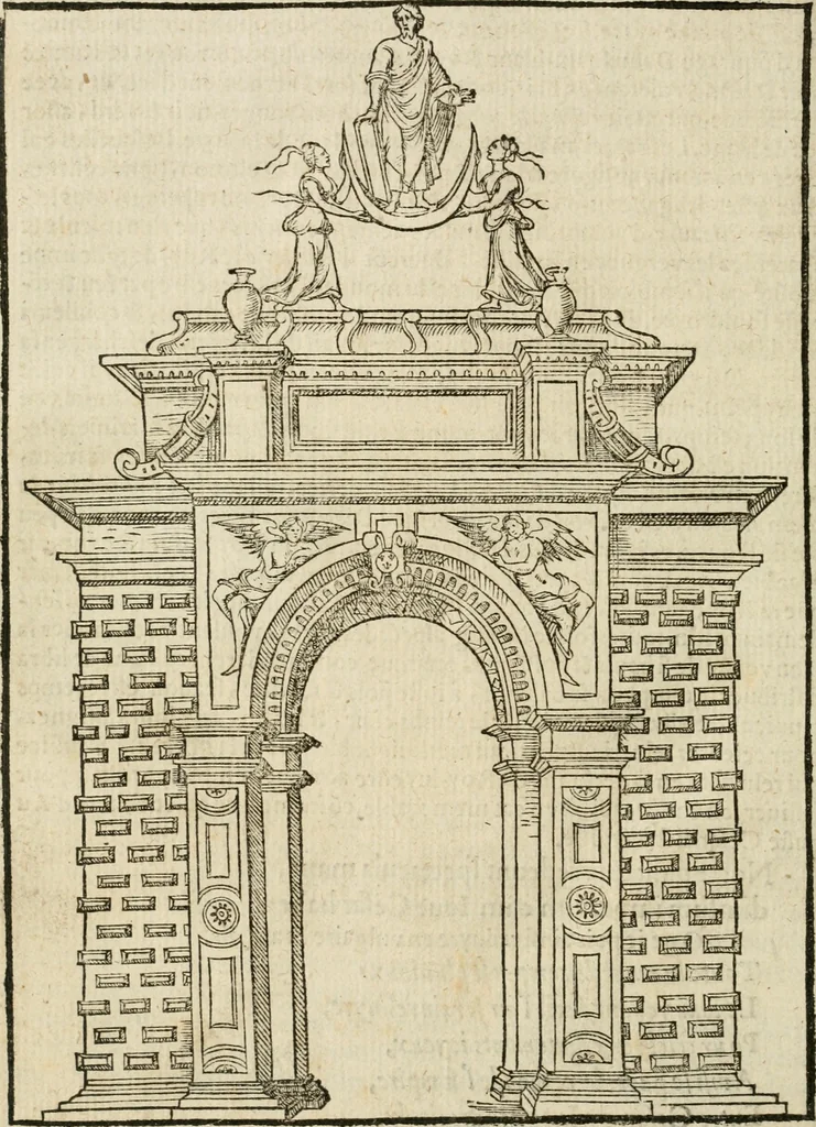 An illustration from Cest la dedvction du sumptueux ordre, plaisantz spectacles et magnifiqves theatres : dresses et exhibes par les citoiens de Rouen, ville metropolitaine du pays de Normandie, a la sacree maiesté du treschristian roy de France, Henry Secõd leur souuerain seigneur, et à tresillustre dame, ma dame Katharine de Medicis, la royne son espouze, lors de leur triumphant, ioyeulx & nouuel aduenement en icelle ville, qui fut es iours de mercredy & ieudy premier & secõd iours d'octobre, mil cinq cens cinquante : et pour plus expresse intelligence de ce tant excellent triumphe, les figures & pourtraictz des principaulx aornementz d'iceluy y sont apposez chascun en son lieu comme l'on pourra veoir par le discours de l'histoire, 1551, leaf 95