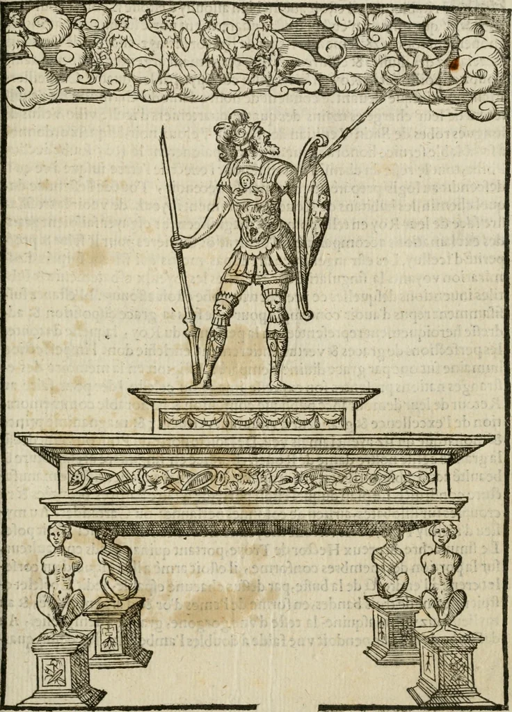 An illustration from Cest la dedvction du sumptueux ordre, plaisantz spectacles et magnifiqves theatres : dresses et exhibes par les citoiens de Rouen, ville metropolitaine du pays de Normandie, a la sacree maiesté du treschristian roy de France, Henry Secõd leur souuerain seigneur, et à tresillustre dame, ma dame Katharine de Medicis, la royne son espouze, lors de leur triumphant, ioyeulx & nouuel aduenement en icelle ville, qui fut es iours de mercredy & ieudy premier & secõd iours d'octobre, mil cinq cens cinquante : et pour plus expresse intelligence de ce tant excellent triumphe, les figures & pourtraictz des principaulx aornementz d'iceluy y sont apposez chascun en son lieu comme l'on pourra veoir par le discours de l'histoire, 1551, leaf 98