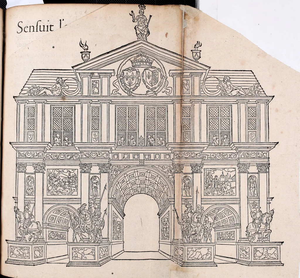 An illustration from C'est l'ordre qui a este tenu a la nouuelle et ioyeuse entree, que treshault, tresexcellent, & trespuissant prince, le roy treschrestien Henry deuzieme de ce nom, à faicte en sa bonne ville & cité de Paris, capitale de son royaume, le sezieme iour de iuin M.D.XLIX, 1549, leaf 65