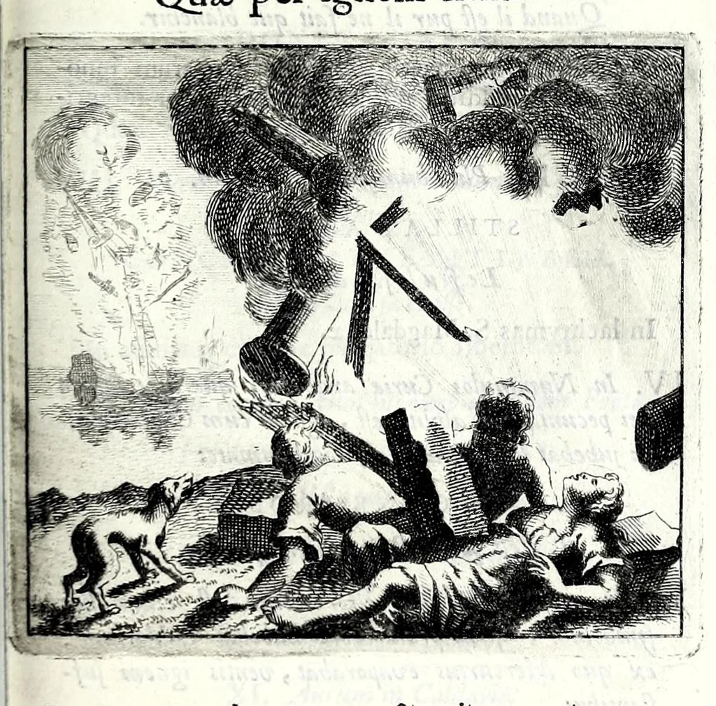 An illustration from C.F. Menestrerii S.J. Philosophia imaginum, id est, Sylloge symbolorum amplissima : qua plurima regum, principum, nobilium, foeminarum illustrium, eruditorum, aliorumque virorum in Europa praestantium, quae prostant, summa diligentia sunt congesta methodoque succincta exhibita : e lingua Gallica in Latinam translata, figurisque elegantioribus ac antea ornata, 1695, leaf 489