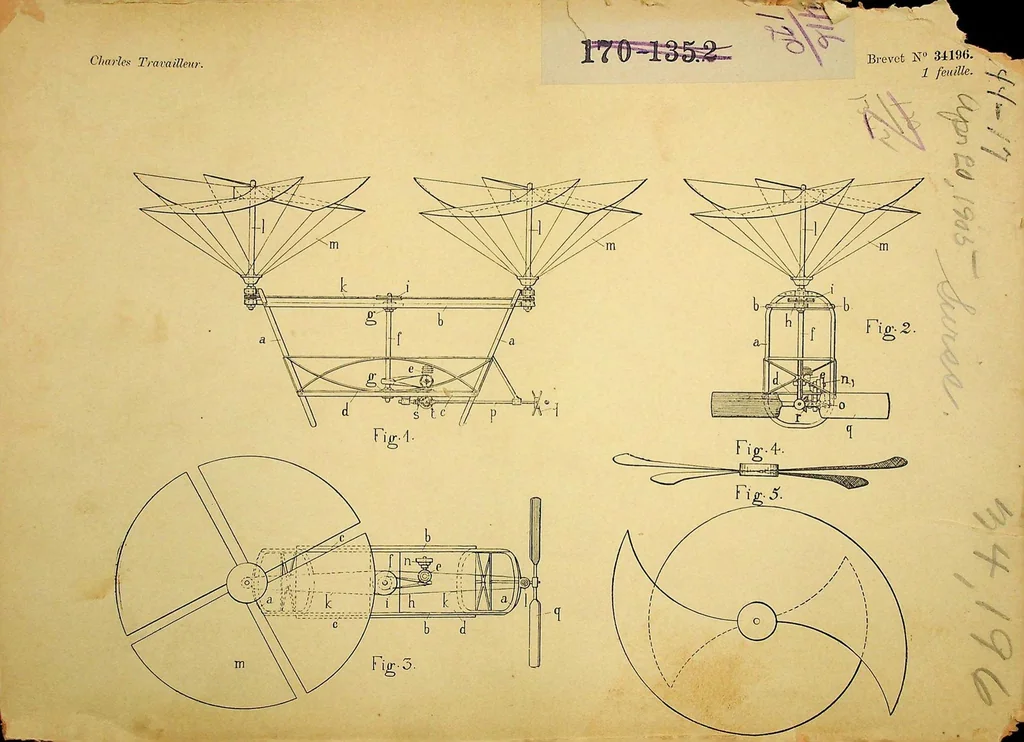 An illustration from Travailleur - Flying Machine, Swiss Patent 34196 of 1905, 1905, leaf 0