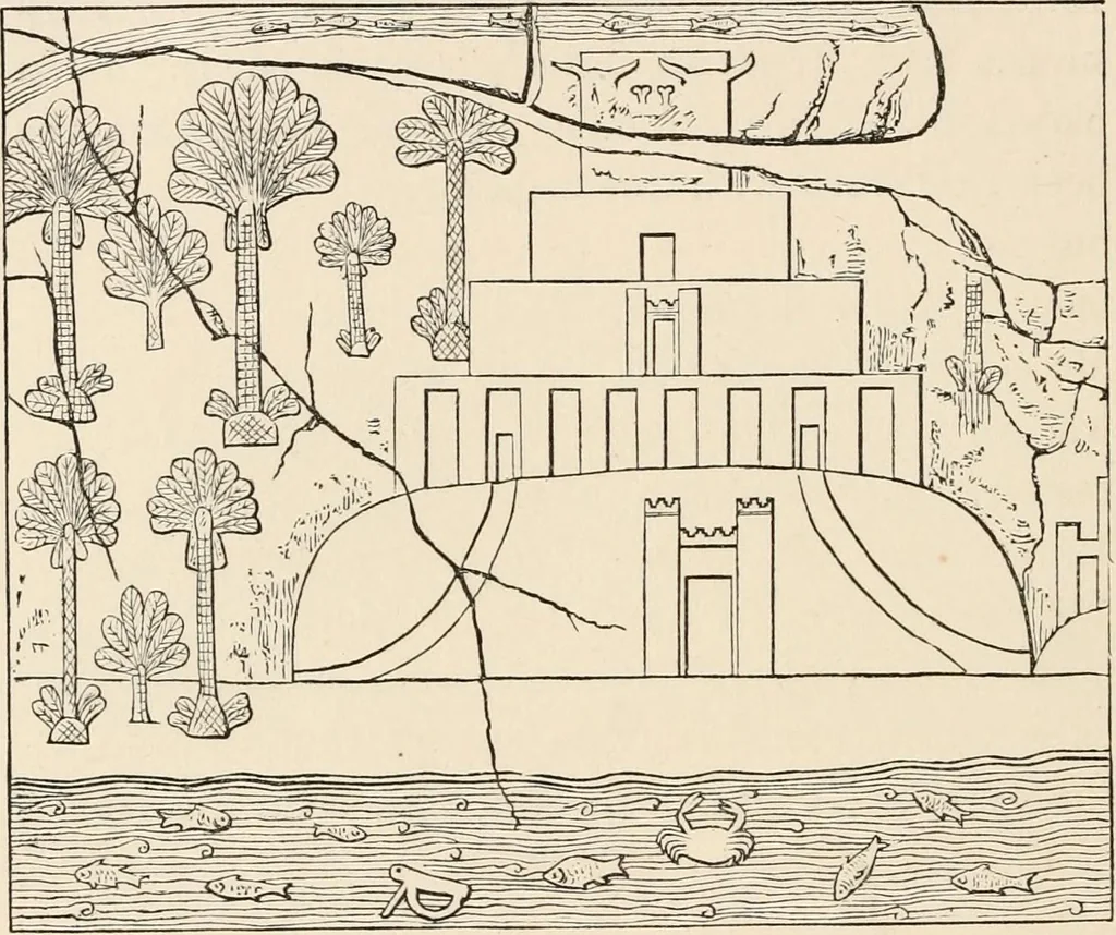 An illustration from The Chaldean account of Genesis : containing the description of the creation, the deluge, the tower of Babel, the destruction of Sodom, the times of the Patriarchs, and Nimrod, Babylonian fables, and legends of the gods : from the cuneiform inscriptions, 1876, leaf 189