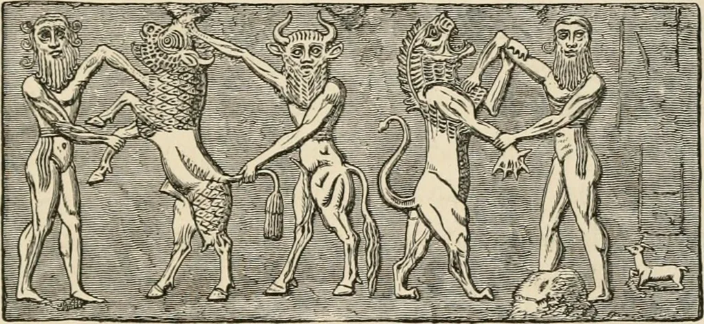 An illustration from The Chaldean account of Genesis : containing the description of the creation, the deluge, the tower of Babel, the destruction of Sodom, the times of the Patriarchs, and Nimrod, Babylonian fables, and legends of the gods : from the cuneiform inscriptions, 1876, leaf 266