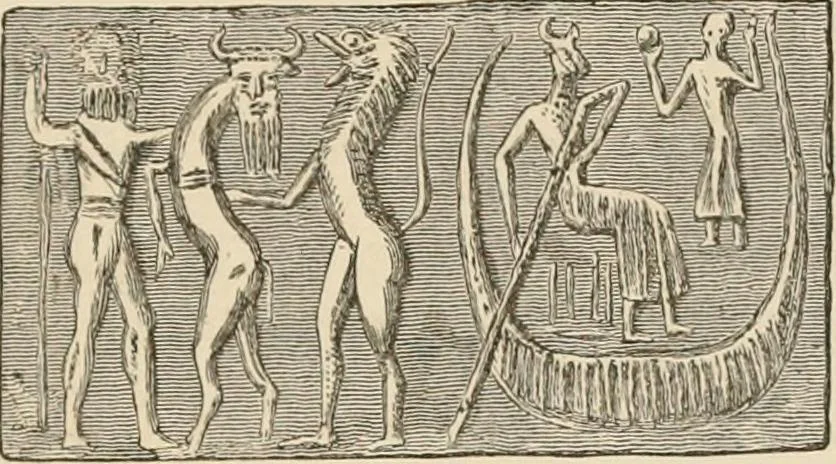 An illustration from The Chaldean account of Genesis : containing the description of the creation, the deluge, the tower of Babel, the destruction of Sodom, the times of the Patriarchs, and Nimrod, Babylonian fables, and legends of the gods : from the cuneiform inscriptions, 1876, leaf 284