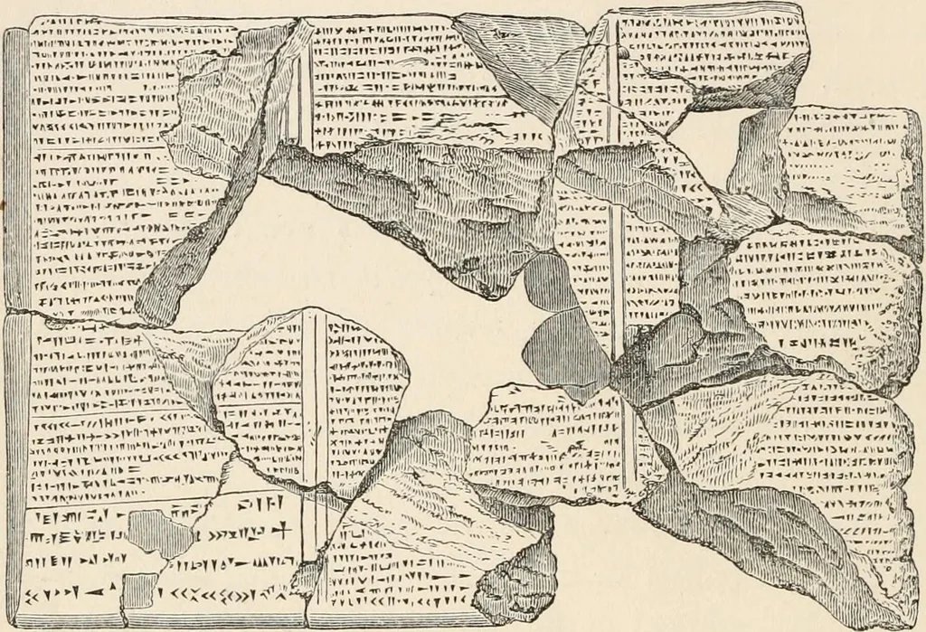 An illustration from The Chaldean account of Genesis : containing the description of the creation, the deluge, the tower of Babel, the destruction of Sodom, the times of the Patriarchs, and Nimrod, Babylonian fables, and legends of the gods : from the cuneiform inscriptions, 1876, leaf 31
