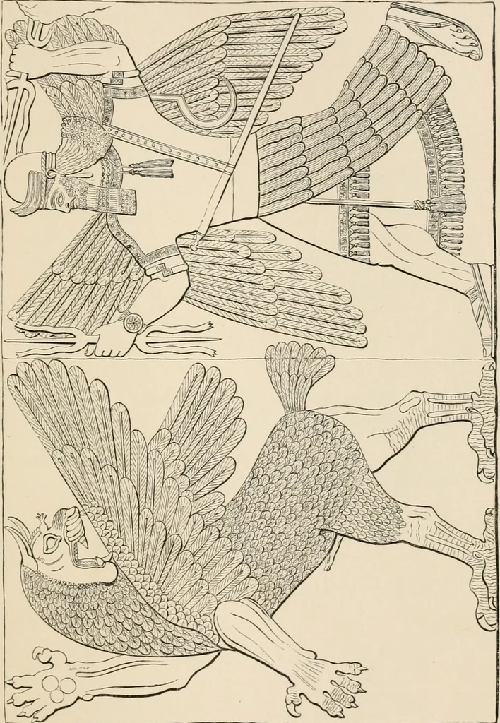 An illustration from The Chaldean account of Genesis : containing the description of the creation, the deluge, the tower of Babel, the destruction of Sodom, the times of the Patriarchs, and Nimrod, Babylonian fables, and legends of the gods : from the cuneiform inscriptions, 1876, leaf 84