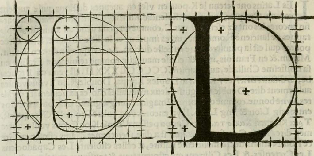 An illustration from Champ fleury : au quel est contenu lart & science de la deue & vraye proportio[n] des lettres attiques, quo[n] dit autreme[n]t lettres antiques, & vulgairement lettres romaines proportionnes selon le corps & visage humain ..., 1529, leaf 115
