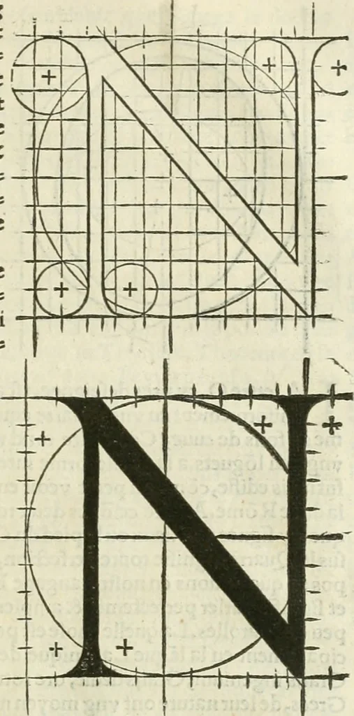 An illustration from Champ fleury : au quel est contenu lart & science de la deue & vraye proportio[n] des lettres attiques, quo[n] dit autreme[n]t lettres antiques, & vulgairement lettres romaines proportionnes selon le corps & visage humain ..., 1529, leaf 120