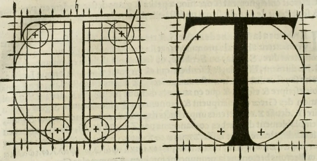 An illustration from Champ fleury : au quel est contenu lart & science de la deue & vraye proportio[n] des lettres attiques, quo[n] dit autreme[n]t lettres antiques, & vulgairement lettres romaines proportionnes selon le corps & visage humain ..., 1529, leaf 135
