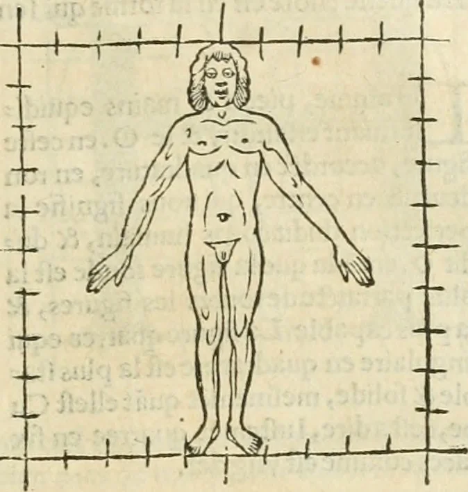 An illustration from Champ fleury : au quel est contenu lart & science de la deue & vraye proportio[n] des lettres attiques, quo[n] dit autreme[n]t lettres antiques, & vulgairement lettres romaines proportionnes selon le corps & visage humain ..., 1529, leaf 54